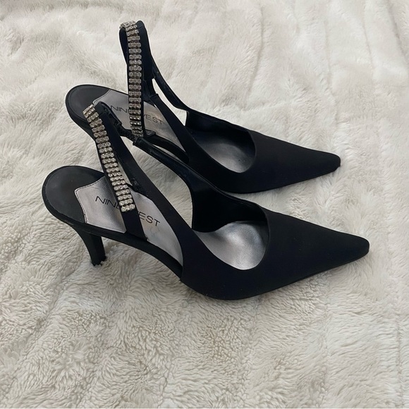 Nine West Black Satin Rhinestone Pointed Toe Slingback Heels Size 7 - Picture 3 of 11